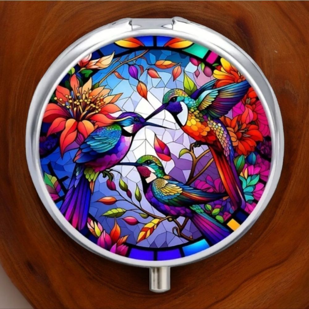 Hummingbird Pill Box Colorful Mosaic Travel Case Medicine Organizer Tin Whimsy